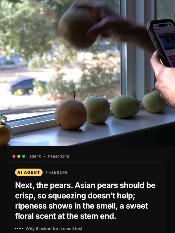 The worker lifting a pear to smell it, with the agent’s reasoning about why it asked for a smell test.